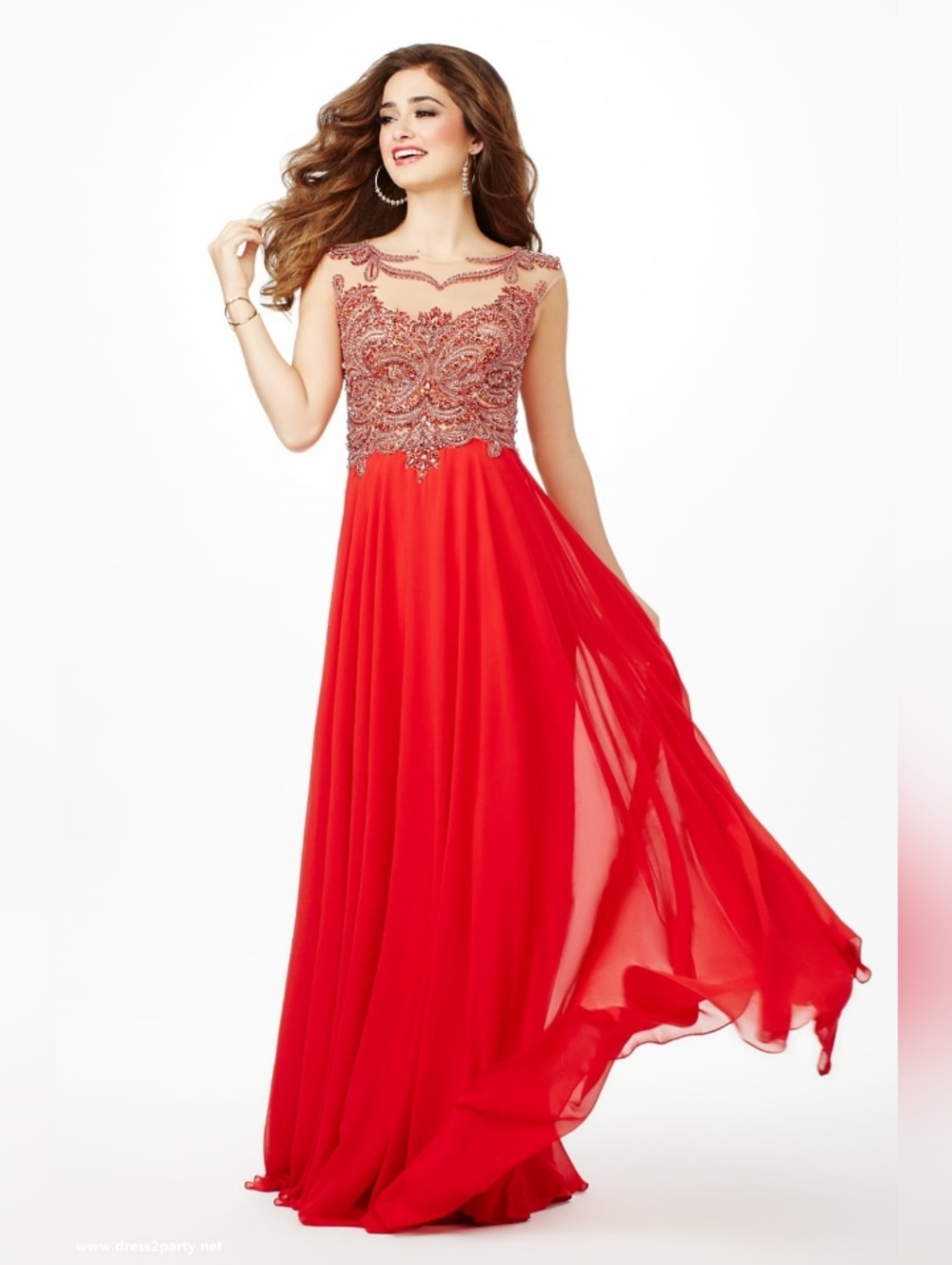 JOVANI ~ Red Chiffon Embellished Illusion Mesh A-Line Formal Gown